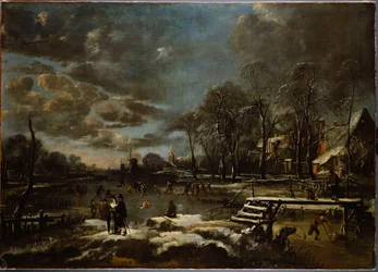 Een winterrivierlandschap met figuren die golf spelen en schaatsen