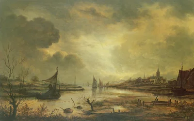 Nederlandse stad aan een rivier bij maanlicht