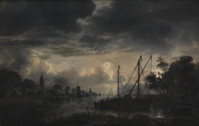 Rivierlandschap in maanlicht