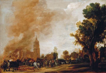 Soldaten verlaten een brandend dorp, 1637