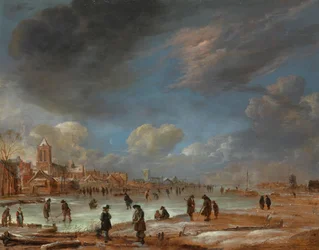 Winterlandschap bij een stad met kolfspelers