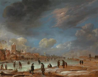 Winterlandschap bij een stad met golfspelers