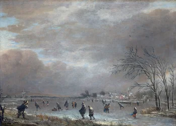 Winterlandschap met Schaatsers op een Bevroren Rivier