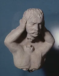 Demon die zijn hoofd losmaakt, Grieks-boeddhistische stijl, uit Hadda, 1e-4e eeuw