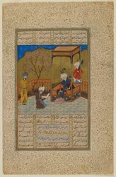 Folio uit Khamsa (Kwintet) door Amir Khusraw Dihlavi; Amir Khusraw presenteert een boek met poëzie aan Alauddin Khalji