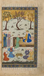 Folio uit een onbekende tekst; verso: Een prins op de troon omringd door bedienden, Herat, Afghanistan, ca. 1425-30