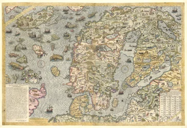 Een getrouwe reproductie van Carta marina (een wandkaart van Scandinavië door Olaus Magnus gepubliceerd in 1539)