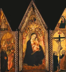 Een draagbaar drieluik met de Madonna en Kind op de troon met engelen