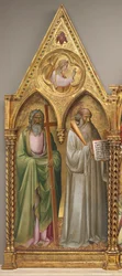 Sint-Andreas en Sint-Benedictus met de aartsengel Gabriël [linkerpaneel], kort voor 1387 (tempera op populierenpaneel)