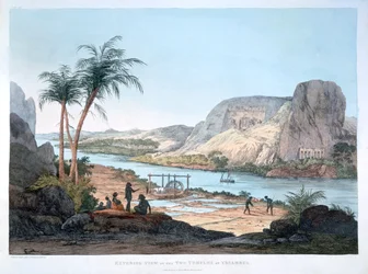 Buitenaanzicht van de twee tempels in Ybsambul, Egypte, 1820