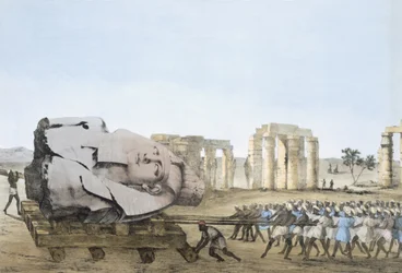 Wijze waarop het hoofd van de jonge Memnon werd verwijderd, uit platen ter illustratie van de onderzoeken in Egypte en Nubië, Giovanni Battista Belzoni, uitgegeven 1822