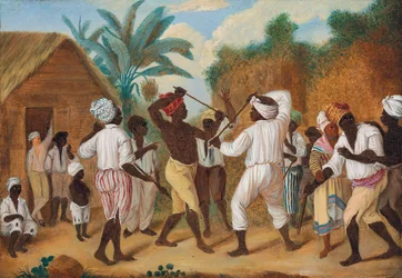 Een stokgevecht tussen zwarte Engelsen en Fransen op het eiland Dominica