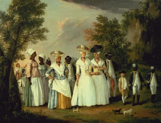 Drie dames met twee kinderen en acht bedienden