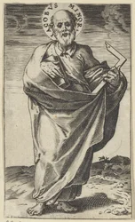 Apostel Jakobus de Mindere met boek en winkelhaak Christus, Maria, Johannes de Doper en de apostelen