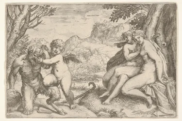 Liefde overwint alles Omnia vincit Amor, in een strijd met een sater