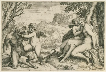 Omnia vincit Amor (Amor overweldigt Pan, rechts twee nimfen onder een boom, in een landschap)