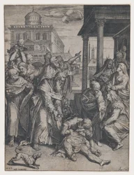 Sint Paulus wekt Patroclus op die op de grond ligt, omringd door een groep toeschouwers