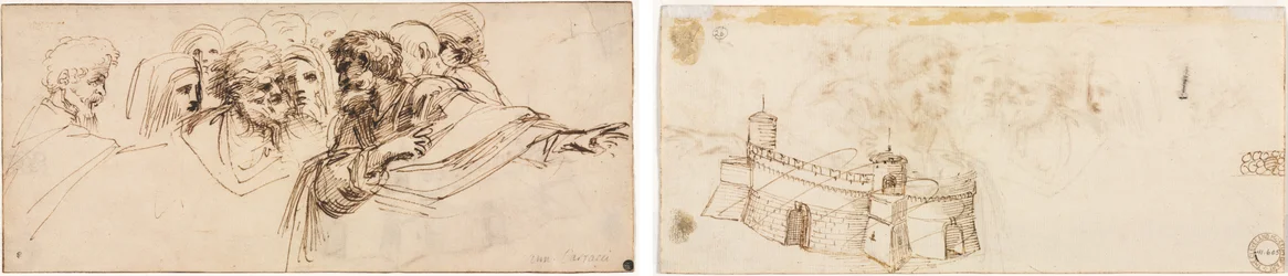 Studie van hoofden (recto); Getande vesting (verso)