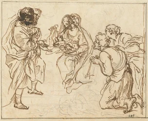 De aanbidding van de herders (zwart krijt met bruine inkt op geschept papier)