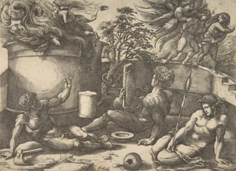 Kaïn die een spiegel vasthoudt en zijn offer ziet opgaan in vlammen, Adam en Eva zittend, ca. 1530-50