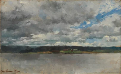 Regenwolken boven een meerlandschap