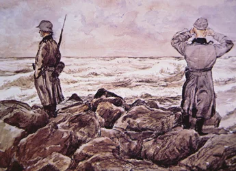 Twee Duitsers aan de kust van Frankrijk kijken naar Engeland aan de vooravond van de Normandië-campagne