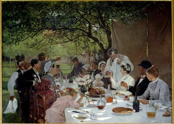 Bruiloftsmaal in Yport, schilderij van Albert Fourie (1854-1937), 1886, zon, 3,89 x 2,53 m, Rouen, Musée des Beaux-Arts