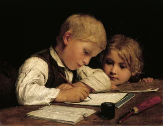 Jongen schrijft met zijn zus, 1875