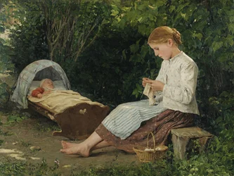 Breidend meisje dat op een baby in een wiegje let
