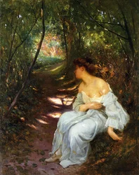 Een jonge vrouw zittend op een bebost pad, 1908