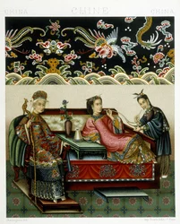Kostuum van de Chinese keizerin. Chromolithografische plaat - in 