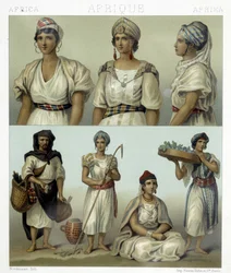 Kostuums en hoofdtooien van Kabyl vrouwen (boven). Tunesische en Algerijnse kostuums (onder). Illustratie in 