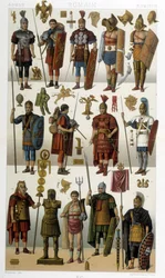 Kostuums, wapens en harnassen van Romeinse soldaten, krijgers en gladiatoren uit de oudheid - in 