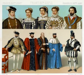Kostuums van edelen en magistraten in Frankrijk in de 17e eeuw. Chromolithografische plaat - in „Le costume historique“ van Racinet