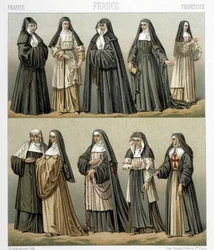 Kostuums van nonnen in Frankrijk in de 18e eeuw. Illustratie in "Le costume historique" door Racinet