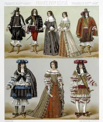 Kostuums van de adel in Frankrijk in de 18e eeuw. Illustratie in 