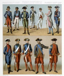 Franse militaire kostuums in de 18e eeuw. Illustratie in 