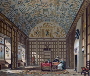 Interieur van een 16e-eeuwse Engelse woning, Lithografie door Gaulard uit Le Costume historique