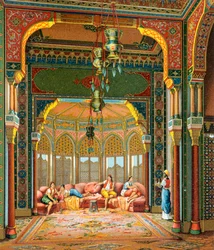 Interieur van een Turks gebouw, illustratie uit Complete Costume History door Auguste Racinet