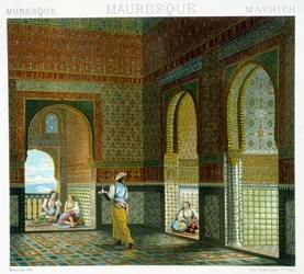 Interieur van een Moors huis (Alhambra, zaal van de Zegening). Chromolithografische plaat - in ‘Le costume historique’ van Racinet