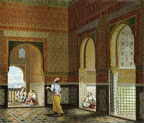 Interieur van een Moors huis (Alhambra, Zaal van de Zegen). Chromolithografische plaat - in „Le costume historique” van Racinet