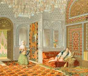 Interieur van een Perzische Kamer, Illustratie uit Complete Costume History door Auguste Racinet