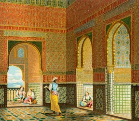 Interieur van de woning van een rijke Moor, illustratie uit de Volledige kostuumgeschiedenis van Auguste Racinet