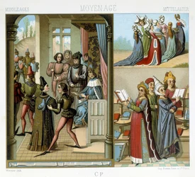 Middeleeuwen: het koninklijk hof, de adellijke dames, de geleerde dames - in "Le costume historique" door Racinet