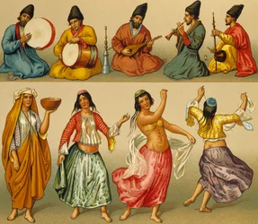Muzikanten en dansers uit Perzië, lithografie door Dambourget, uit Le Costume historique