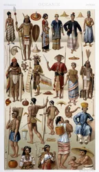 Mensen van Maleisië en Polynesië (Oceanië). Illustratie in 
