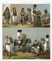 Volkskostuums uit Algerije en Tunesië. Illustratie in "Le costume historique" door Racinet