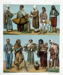 Populaire kostuums van Afrika. Illustratie in "Le costume historique" door Racinet
