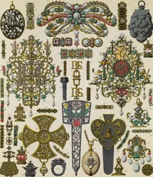 Zeventiende-eeuwse sieraden, lithografie door Schmidt gepubliceerd in Le costume historique, Volume V