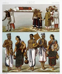 Traditionele kostuums van moslims (bovenkant van de afbeelding) en hindoes (onderkant) die in India wonen. Illustratie in 